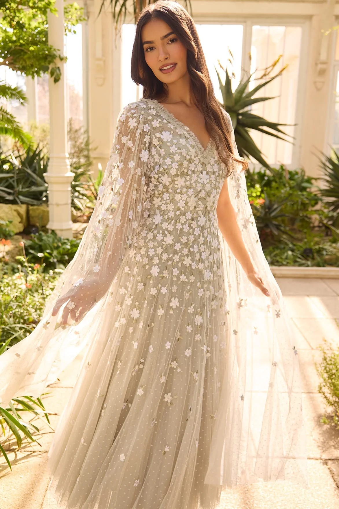 Camellia Ditsy Cape Sleeve Ankle Gown