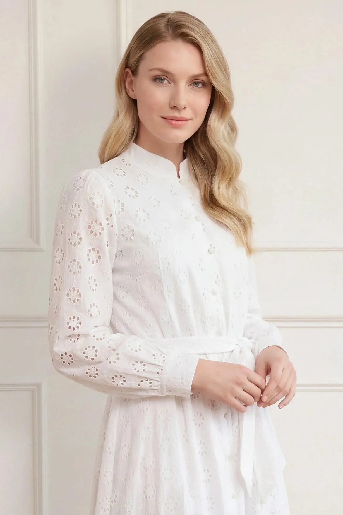 Romilly Cotton Broderie Long Sleeve Shirt Dress - Image 3