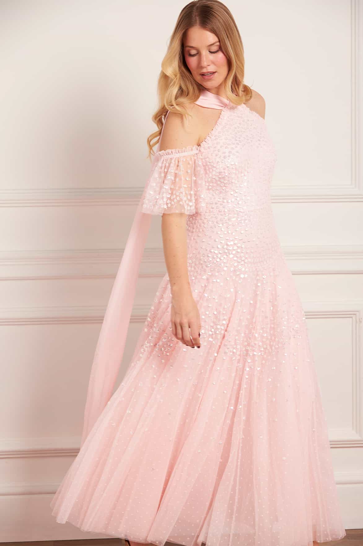 Scallop Sequin Halter-Neck Ankle Gown